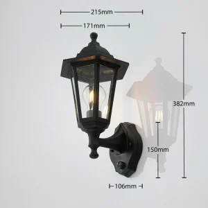 Lindby Applique d'extérieur Nane, 38 cm, lanterne, capteur, verre^ Appliques Murales Extérieures | Appliques D'Extérieur Avec Détecteur