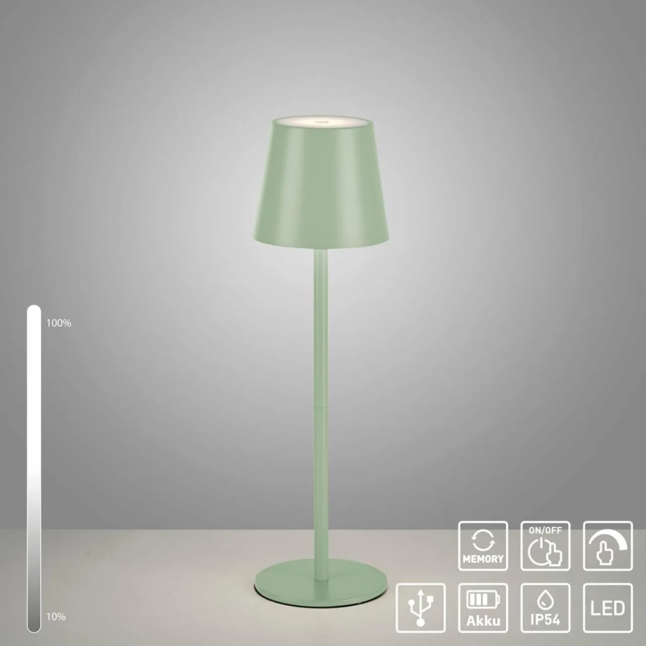 JUST LIGHT. Lampe de table LED rechargeable Euria, vert, fer, IP54^ Lampes Décoratives
