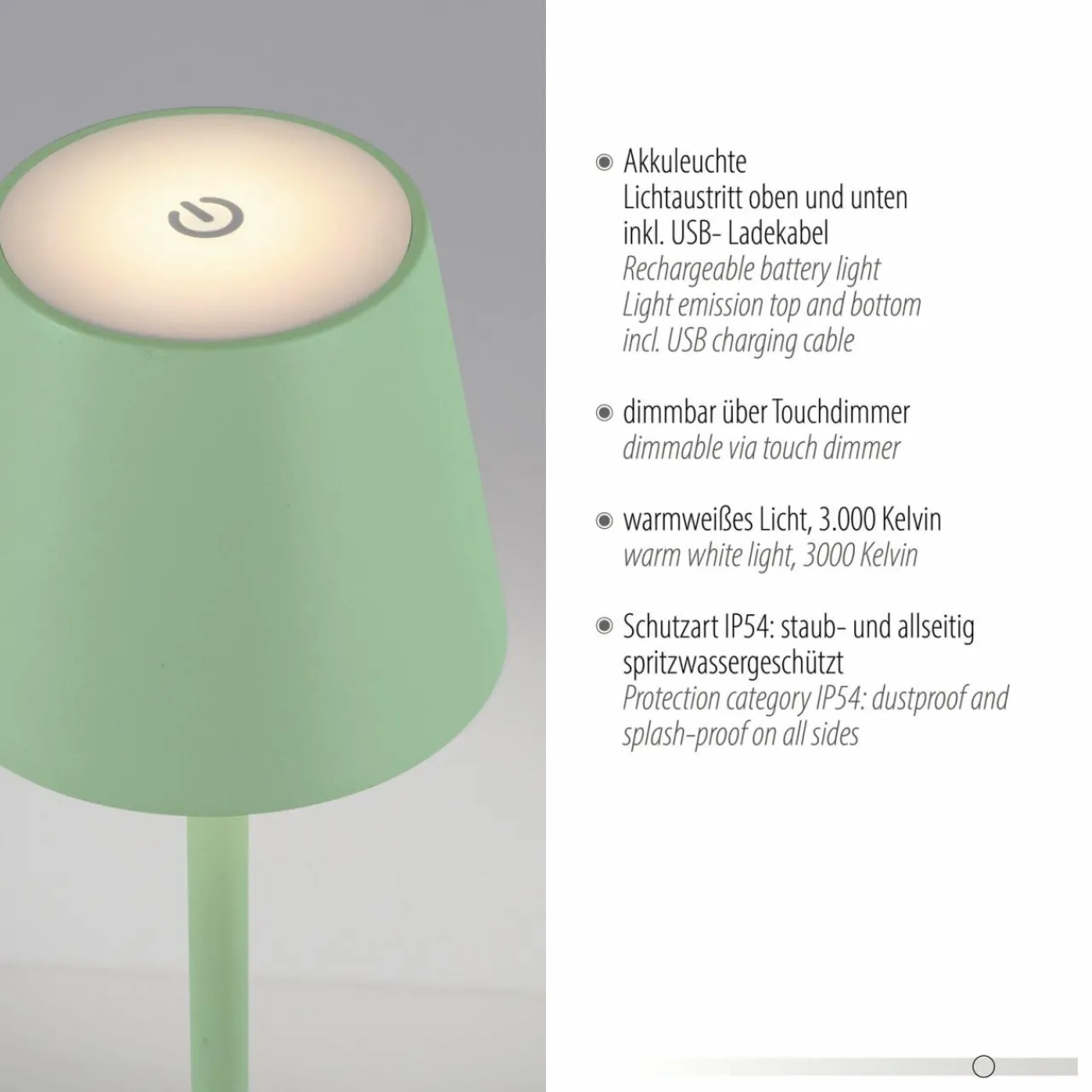 JUST LIGHT. Lampe de table LED rechargeable Euria, vert, fer, IP54^ Lampes Décoratives