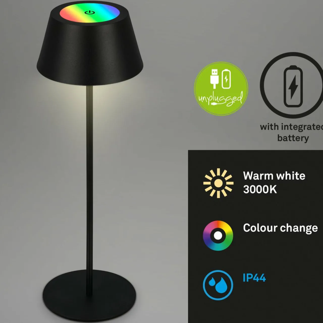 Briloner Lampe de table LED Kiki avec lampe à poser rechargeable RGBW, noir^ Lampes Décoratives