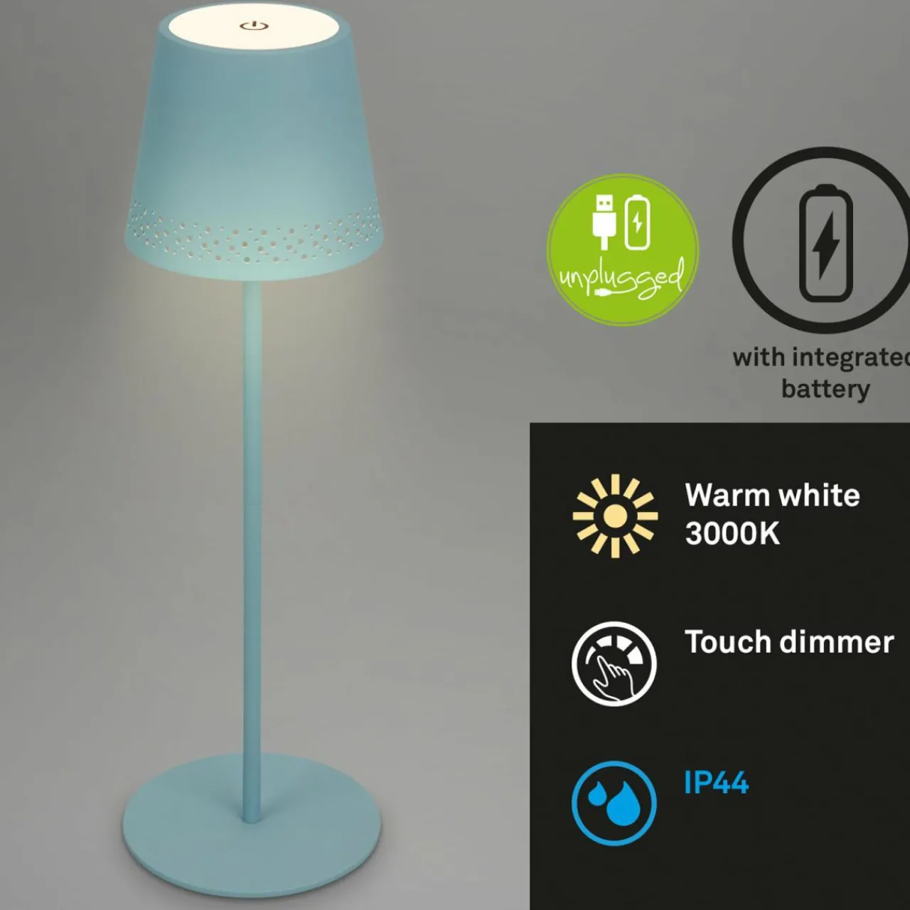 Briloner Lampe de table LED Kiki avec poser rechargeable 3.000K, bleu pigeon^ Lampes Décoratives