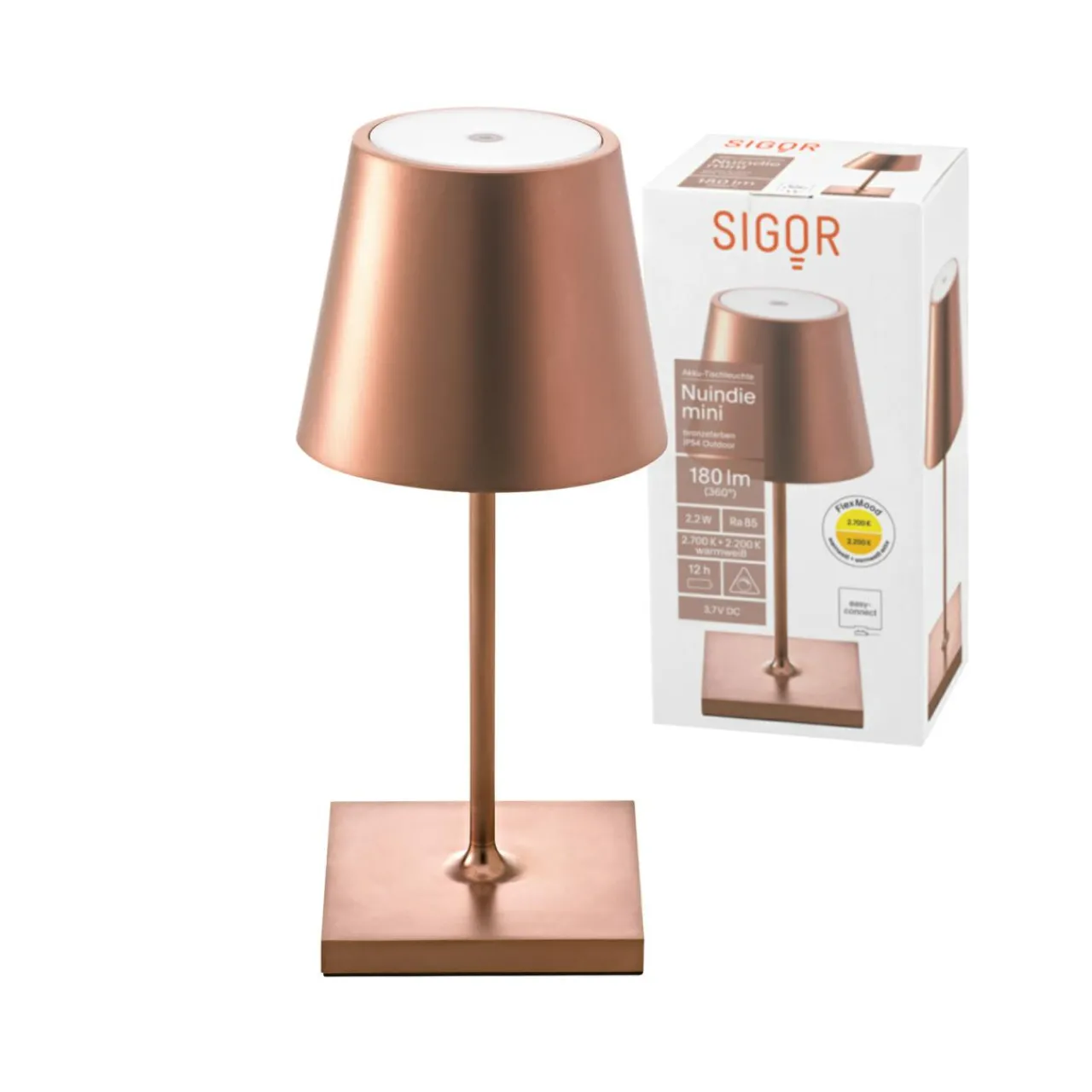 Sigor Lampe de table LED rechargeable Nuindie mini, USB-C, bronze, IP54, variateur^ Lampes Décoratives