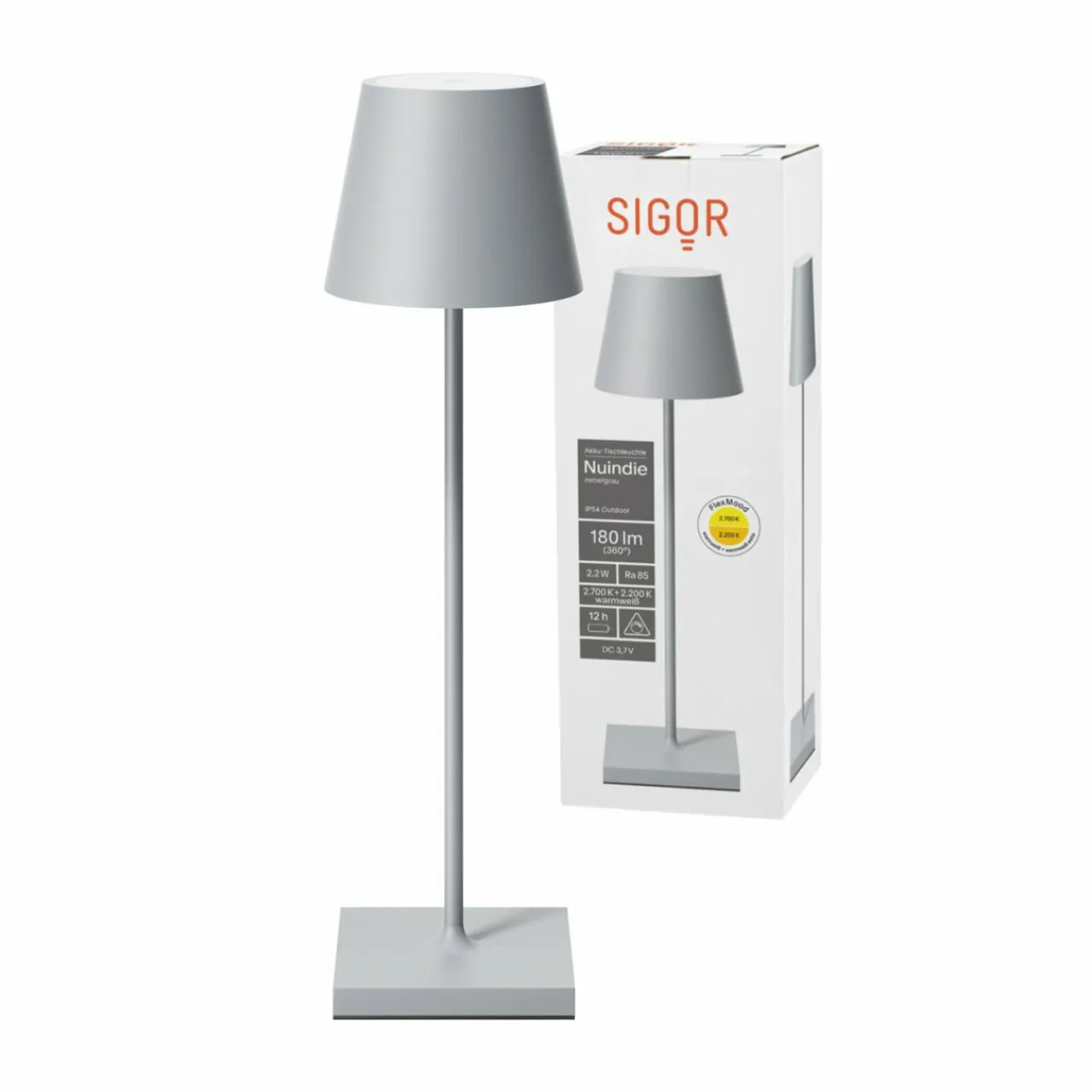 Sigor Lampe de table LED rechargeable Nuindie, USB-C, gris, IP54, intensité variable^ Lampes Décoratives