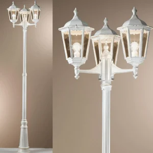 ORION Lampe pour mât Puchberg 3 l, 255 cm, blanche-dorée^ Lampadaires D'Extérieur