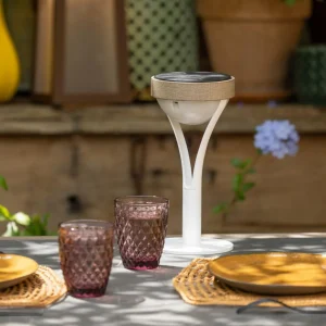 Les Jardins Lampe solaire de table LED Tyble, blanc / teck, 2.700 K, 200 lm^ Lampes Décoratives