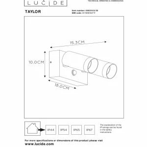 Lucide Spot mural d’extérieur Taylor capteur 2 lampe noir^ Appliques D'Extérieur Avec Détecteur