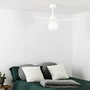 FARO BARCELONA Ventilateur plafond Amelia Ball, lampe LED, blanc^ Ventilateurs